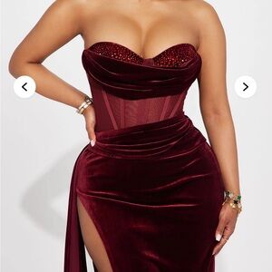 Fashion Nova Burgundy Strapless Corset Dress.